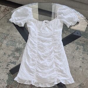 White Ruched Mini Sundress with Puff Sleeves